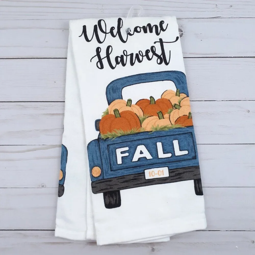 Fall Kitchen Dish Towel Dual Purpose Pumpkin Welcome Harvest Blue Truck